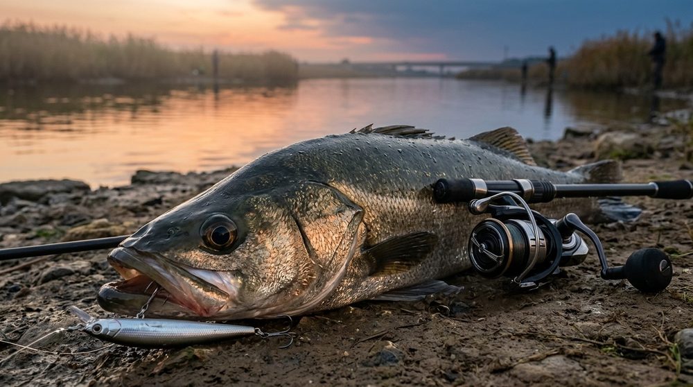 夕暮れの河口の岸辺に置かれた大きな魚とリール