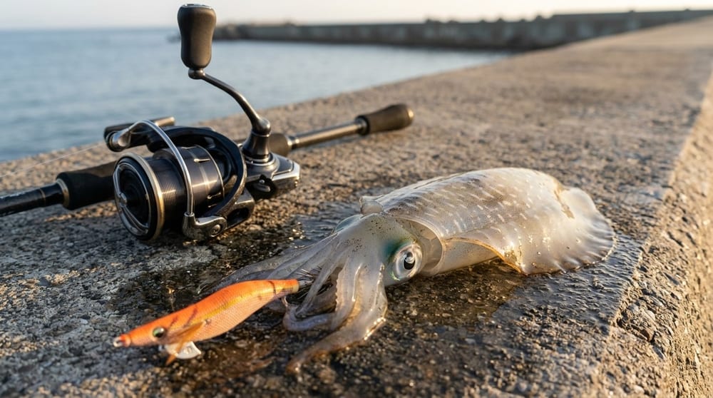 堤防で釣れたアオリイカとスピニングリール