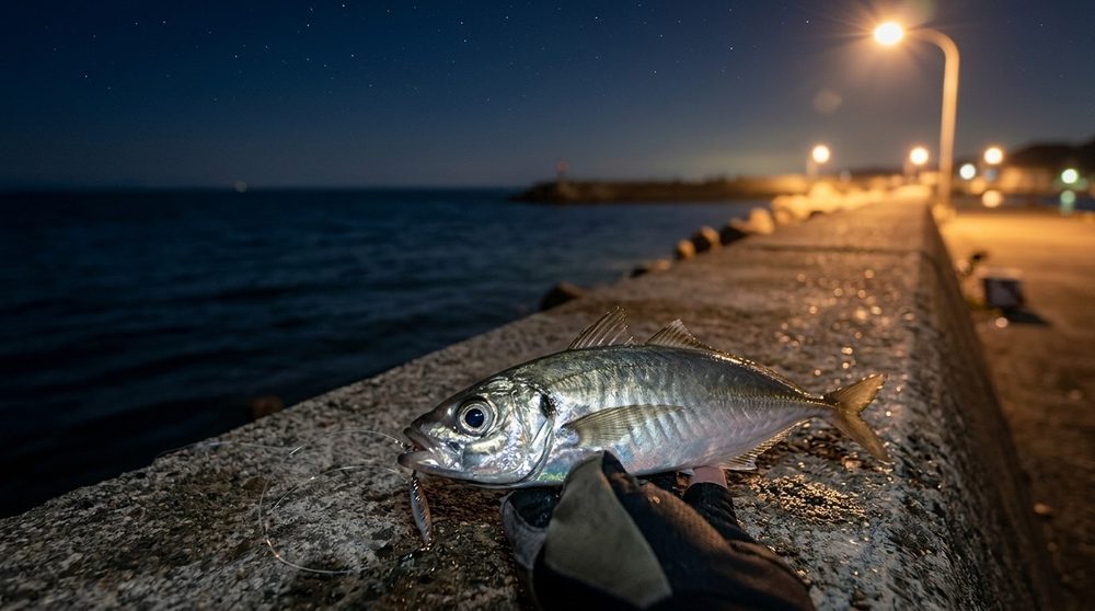 夜の漁港の堤防で釣り上げられたアジ