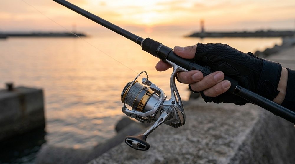 夕方の堤防でスピニングリールを付けた竿を持つ手元
