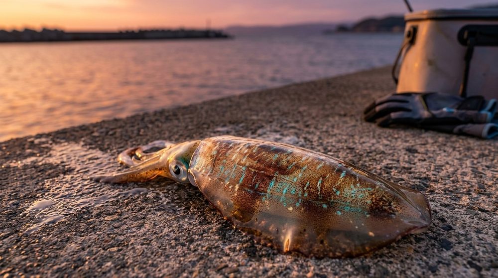 夕方の堤防で釣り上げられたアオリイカ