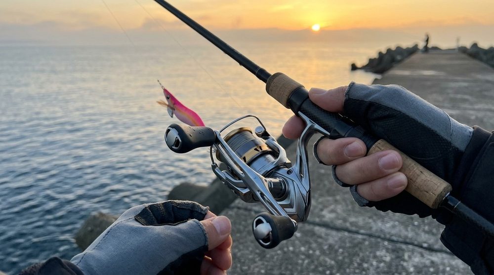 堤防でダブルハンドルのスピニングリールを付けたエギング竿を持つ手元