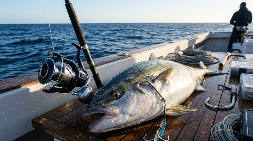 釣り船の上で釣り上げられたブリ