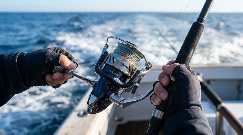 釣り船の上でリールを使っている手元